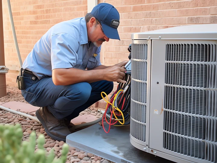 Spencer Heating and Air maintenance technician servicing an AC unit
