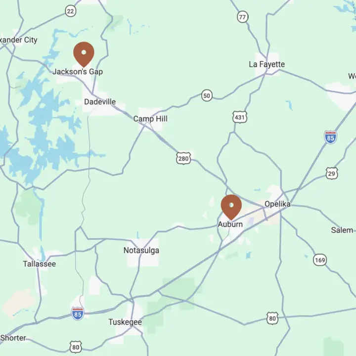 Spencer Heating and Air service area map with both Auburn and Lake Martin locations pinned